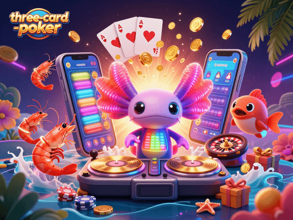 Experience three-card-poker excitement with a neon underwater casino party illustration featuring vibrant characters.