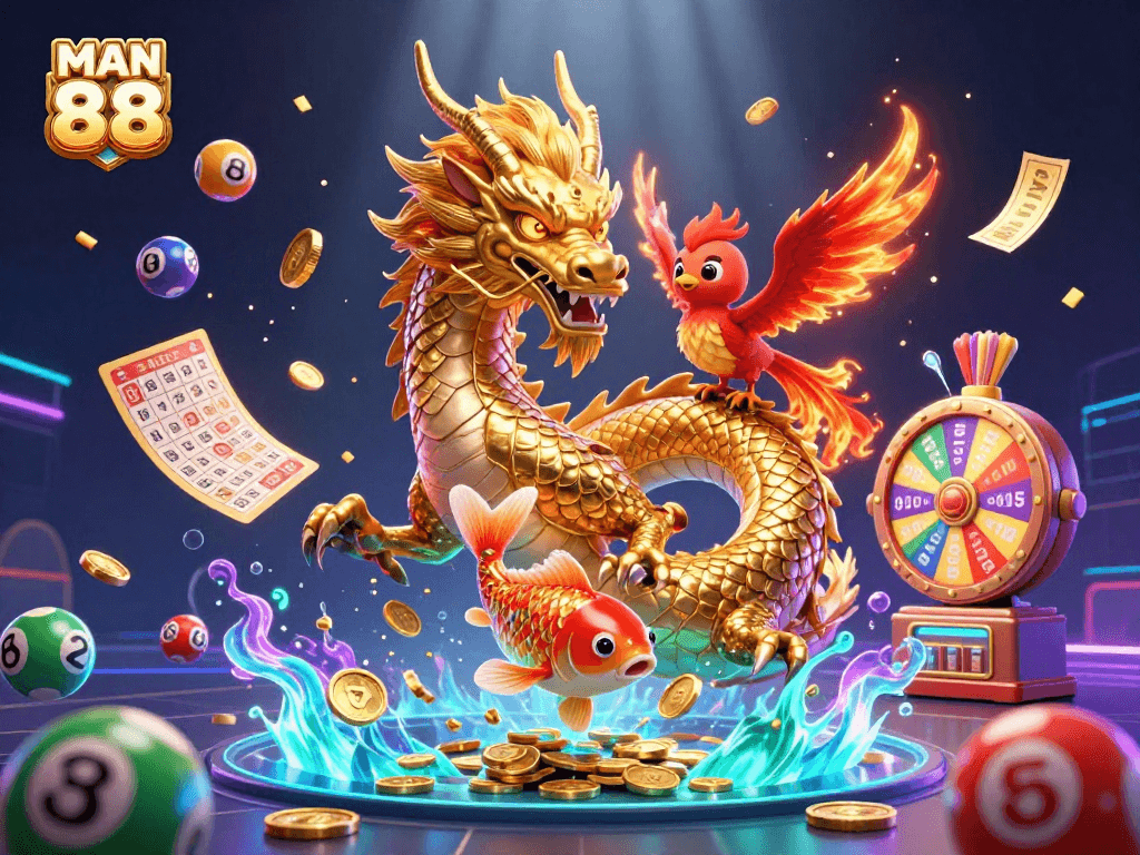 Engage with MAN 88's thrilling casino atmosphere featuring a fierce dragon, phoenix, and koi celebrating a jackpot.