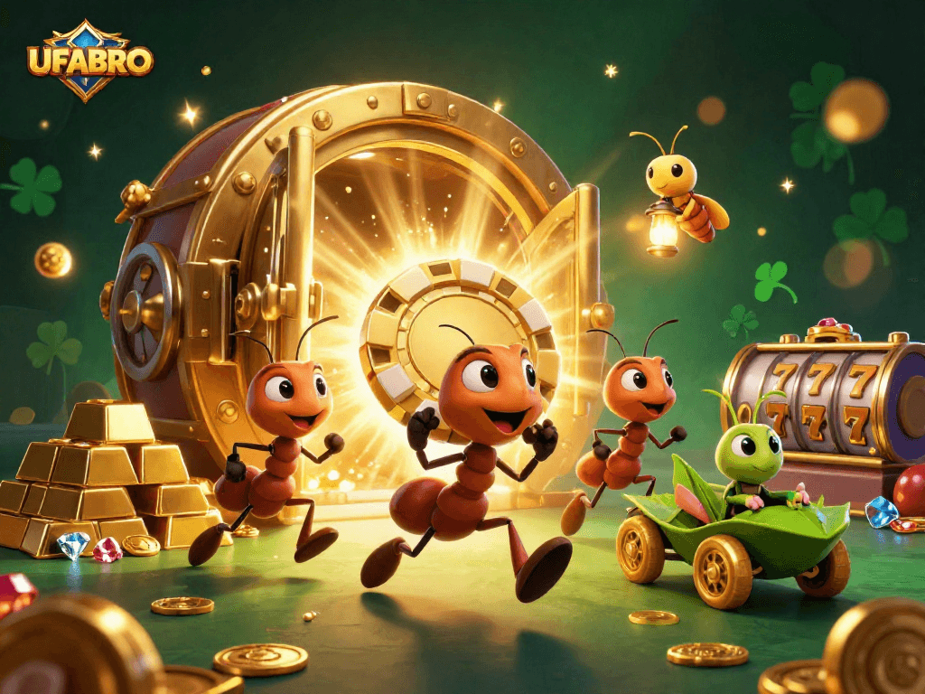 UFABRO showcases a team of cartoon ants on a heist for poker chips in a vibrant casino setting.