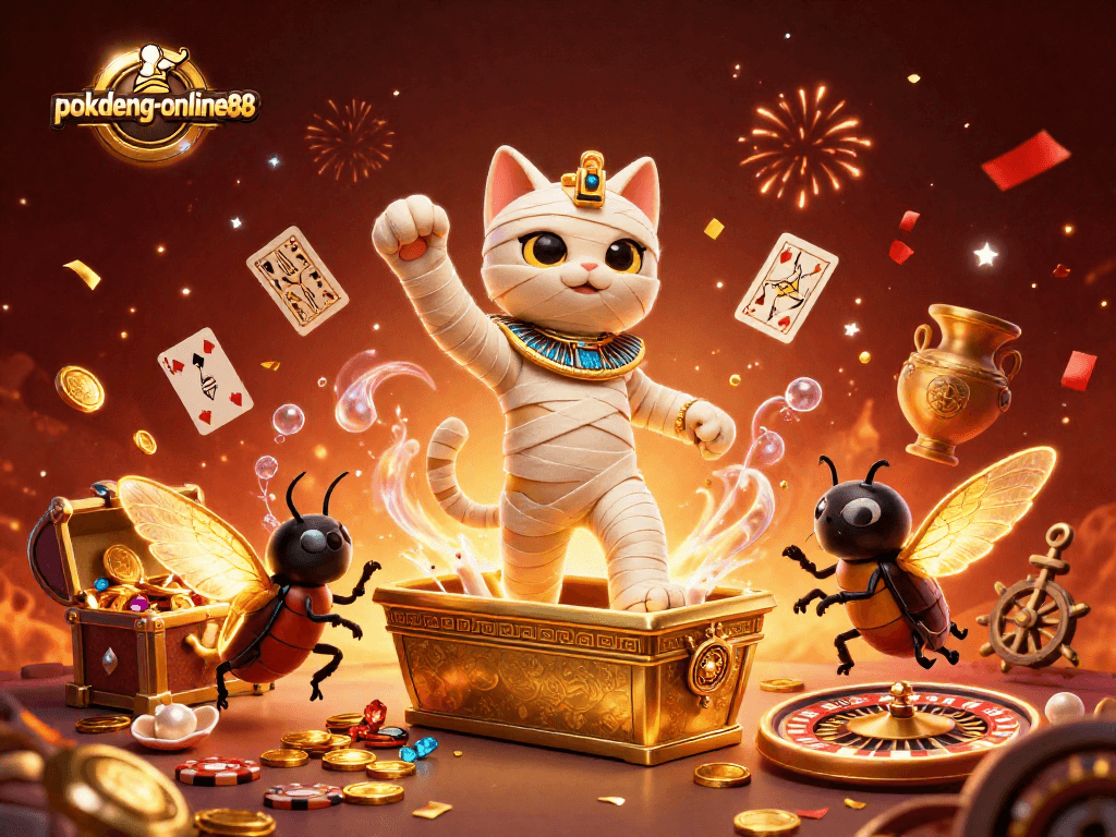 Experience thrilling gameplay at pokdeng-online88 with a vibrant casino scene featuring unique characters and dynamic game elements.