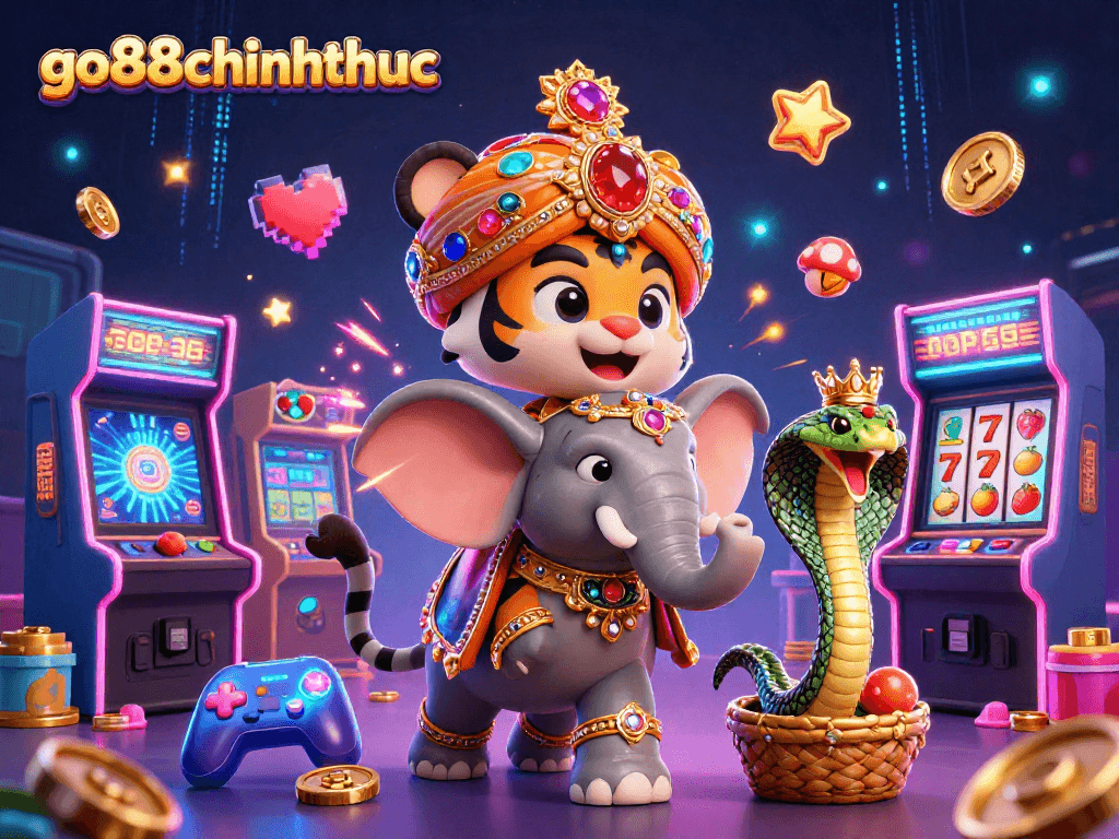 Engage in thrilling gaming action with go88chinhthuc, featuring a vibrant casino scene with classic slots and rich characters.