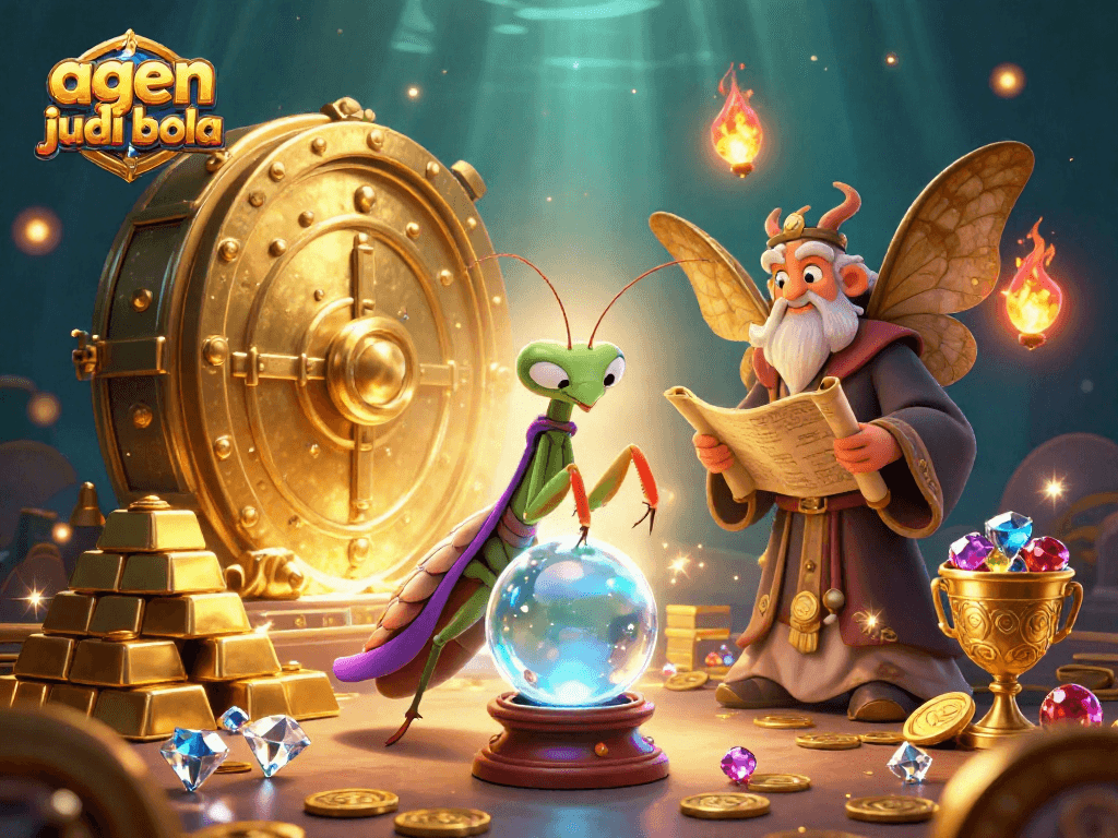 Place bets with agen judi bola while exploring vibrant 3D mystical casino elements and colorful treasures.
