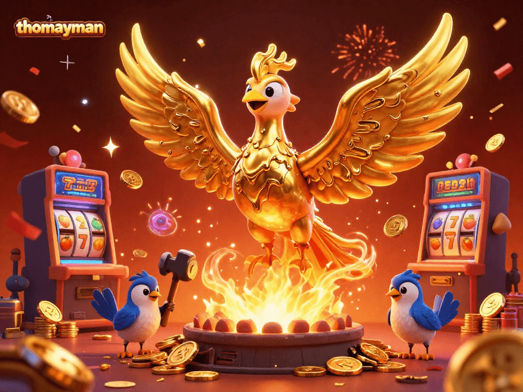 Engage with thomayman and uncover golden jackpots amidst vibrant slot reels and celebratory casino effects.