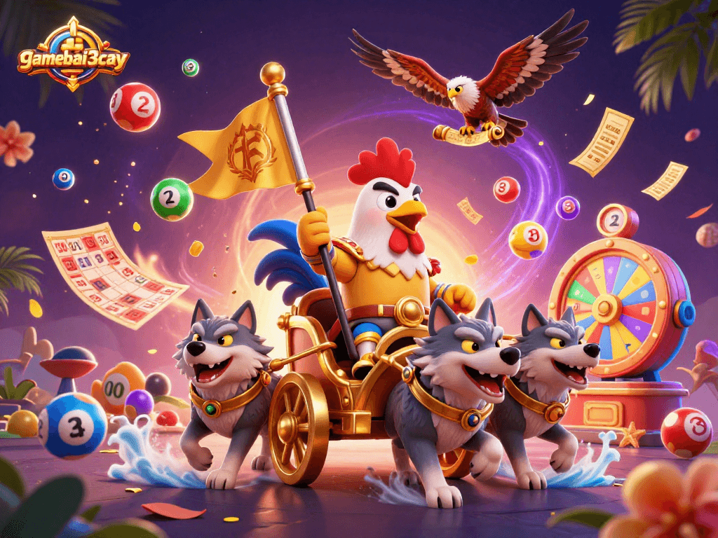 Experience the excitement of gamebai3cay with vibrant lottery elements and a dynamic warlord chariot scene.