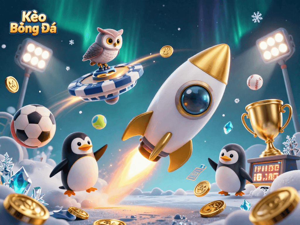 Kèo Bóng Đá showcases thrilling sports betting action with a penguin in space and dynamic game elements.