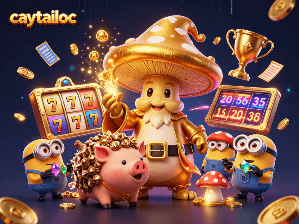 Spin your fortunes with caytailoc as a golden mushroom wizard conjures jackpots in a vibrant casino.
