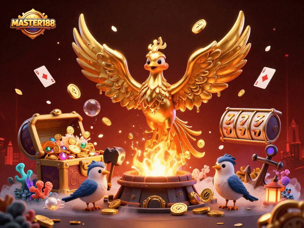 Experience the thrill of MASTER188 with vibrant 3D casino-themed fantasy art illustrating a molten phoenix and treasure-filled undersea scene.