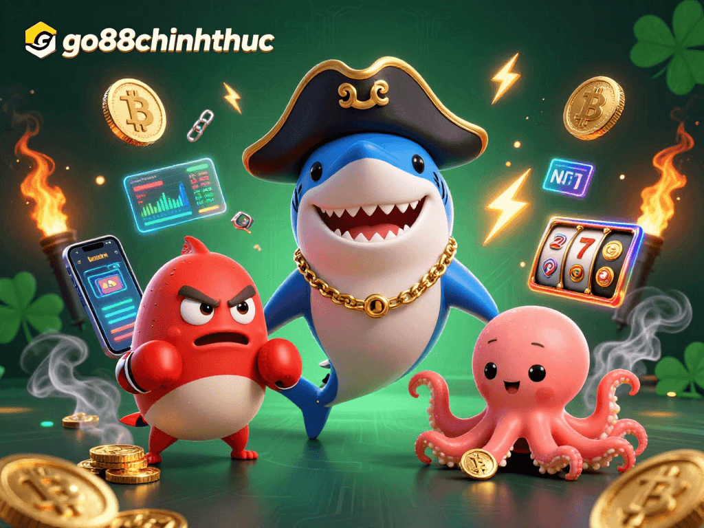 Engage with exciting casino games at go88chinhthuc featuring vibrant cartoon characters and crypto elements.