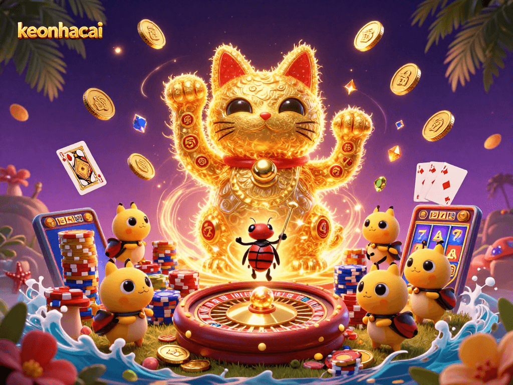 Engage with keonhacai's vibrant casino world through dynamic 3D illustrations bursting with energy.
