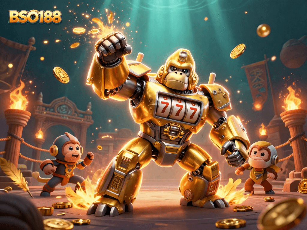 Engage with BSO188's thrilling gaming experience featuring an explosive casino mech scene.