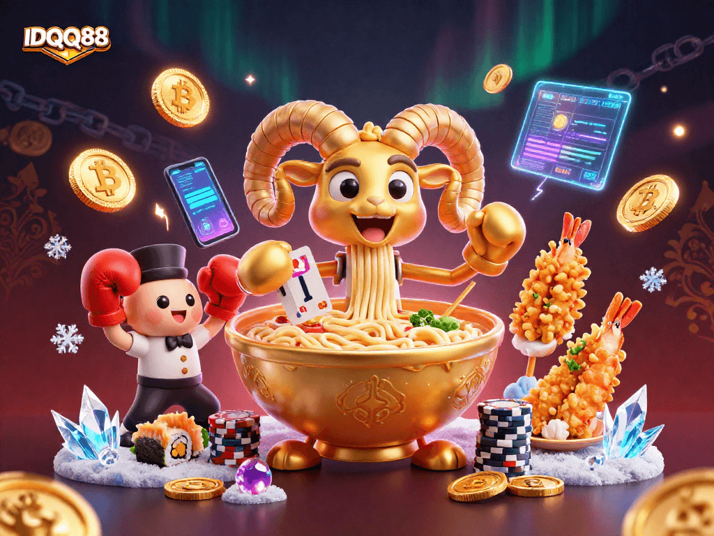 IDQQ88 promotes excitement with cartoon characters rolling dice and dealing cards amid vibrant casino elements.