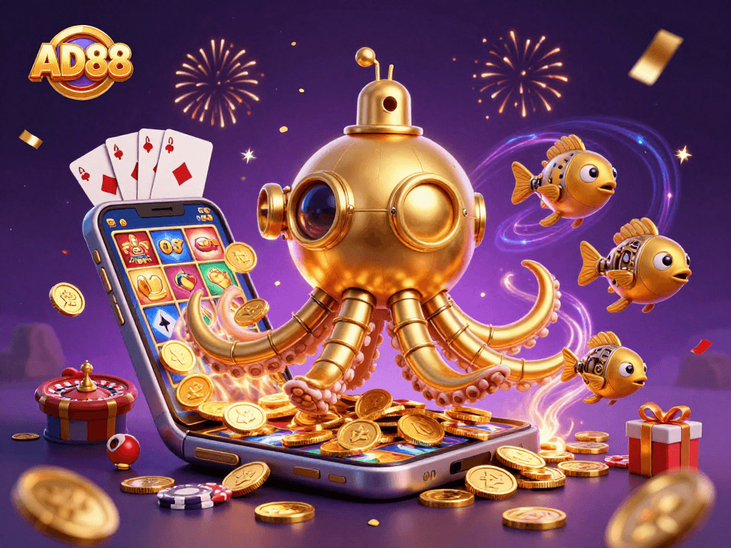 Experience the excitement of AD88 with our unique golden kraken submarine and vibrant gaming elements.