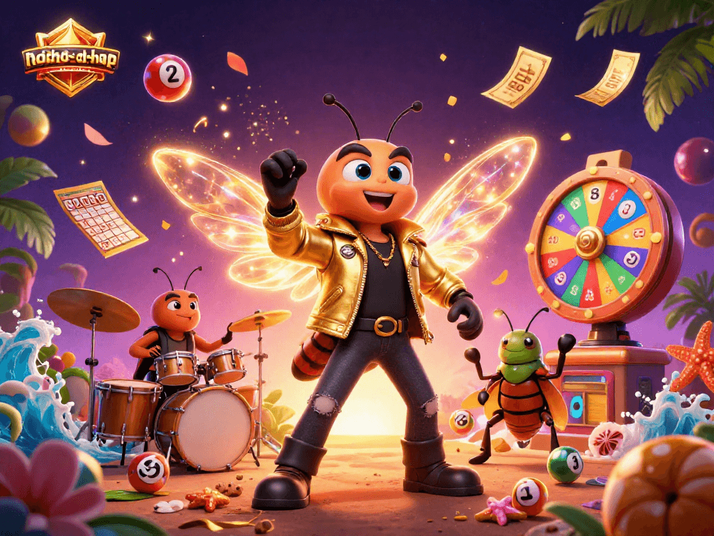 Engage in the excitement of nohu-toa-thap as a rock star cicada claims the stage, surrounded by vibrant dynamic game elements.