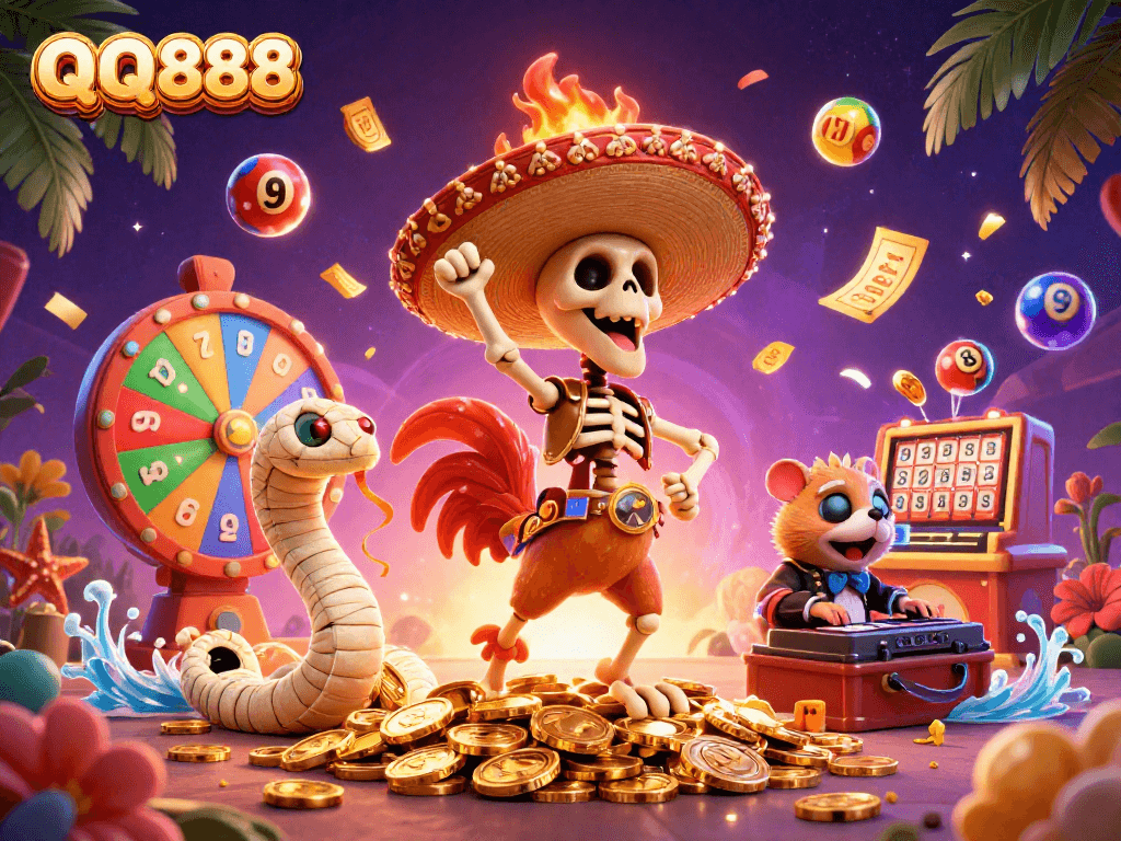 Experience the excitement of QQ888 with a vibrant scene showcasing thrilling lottery and gaming elements.