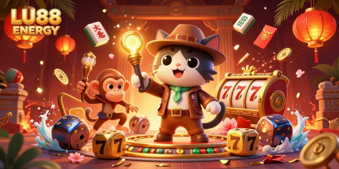 Experience the vibrant LU88 ENERGY world with a cat archaeologist discovering casino treasures amid dynamic gambling elements.