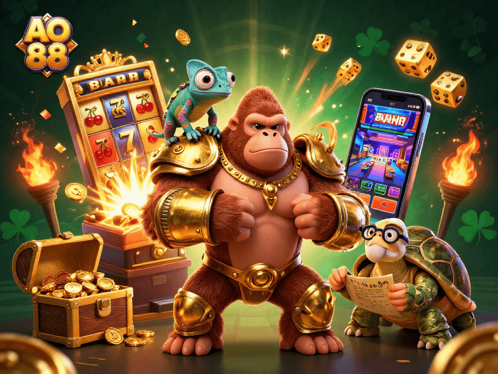 Experience the thrill of AO 88 with dynamic characters and exciting casino elements in a 3D illustration.