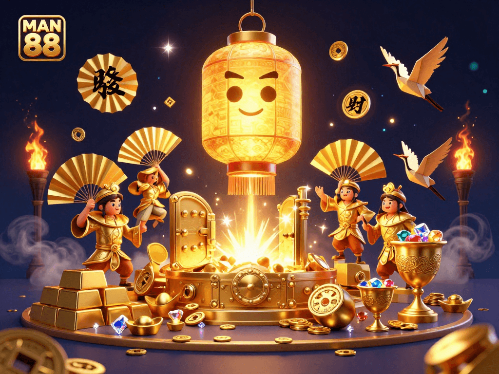 Experience the thrilling world of MAN 88 casino gaming with vibrant 3D characters surrounded by golden treasures.