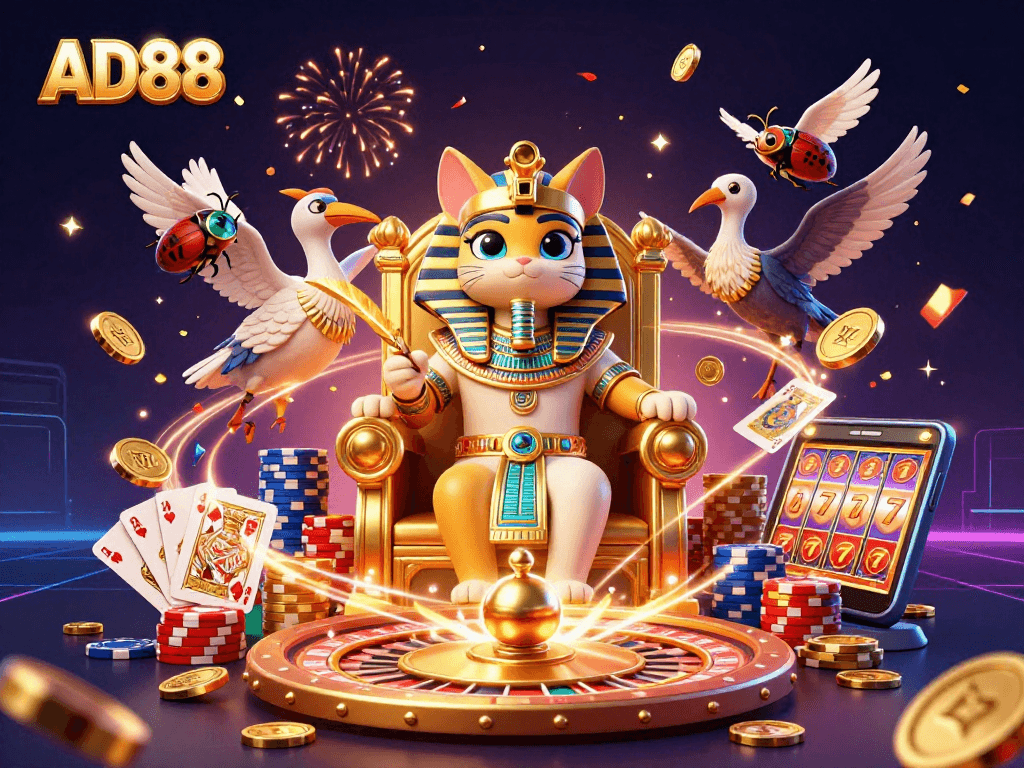 Join the fun at AD88 with a cartoon Egyptian pharaoh cat surrounded by casino elements!
