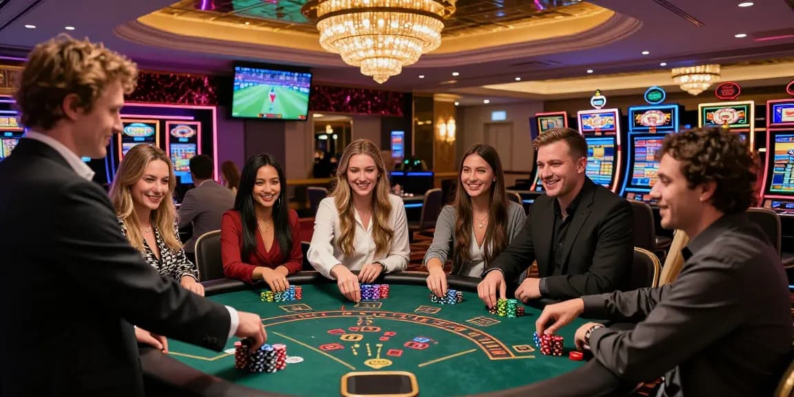 Lucky77 players enjoying lively casino atmosphere around blackjack table with colorful lighting and engaging interactions.