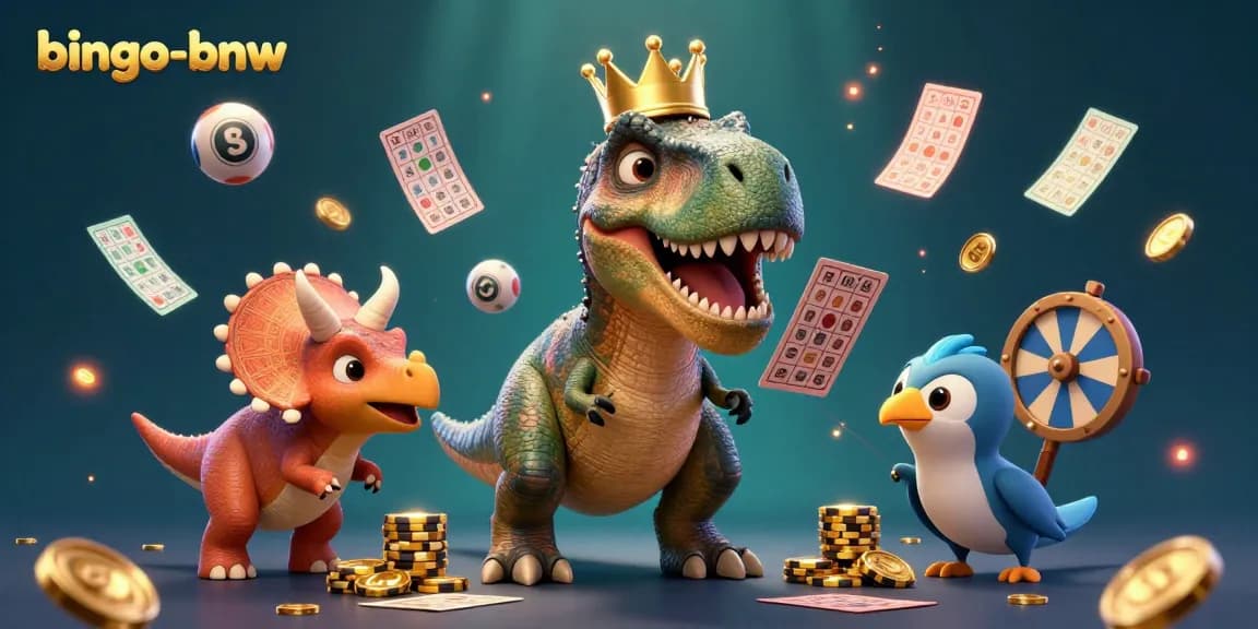 Players enjoy exciting bingo with bingo-bnw as a T-Rex shuffles cards amid flying bingo balls and vibrant colors.