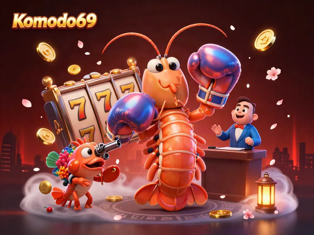 Permainan slot cepat di Komodo69 dengan karakter unik dan hiasan merah emas yang menarik.