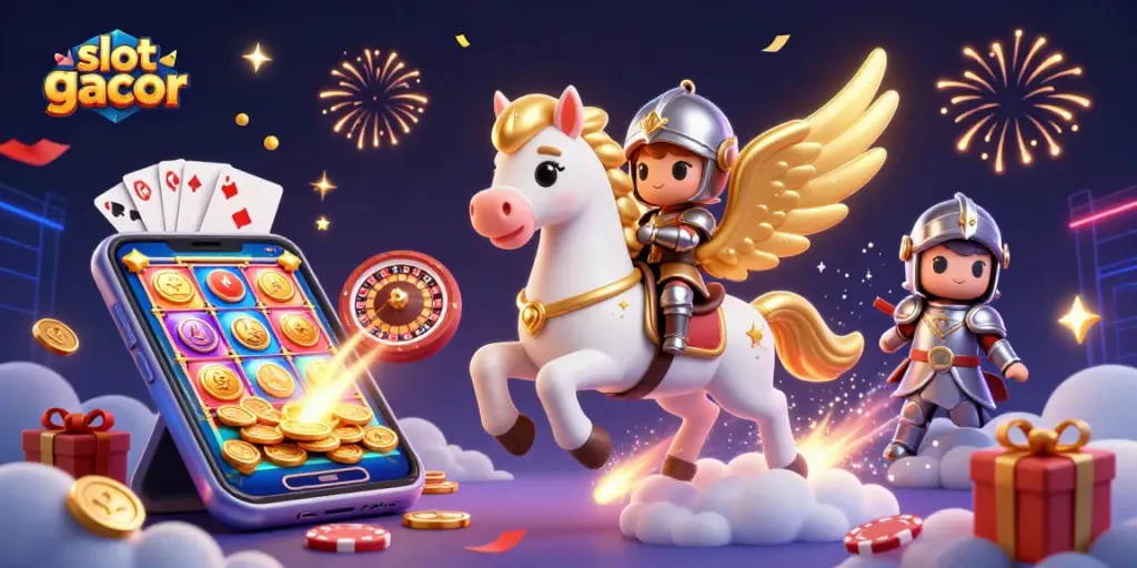 Experience thrilling slot gacor action with a vibrant 3D scene of a celestial horse and gaming elements.