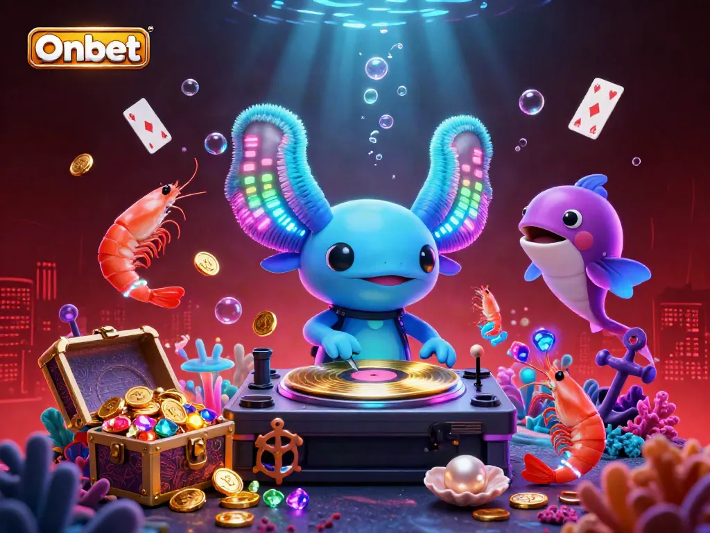 Experience exciting gameplay with Onbet in a vibrant underwater casino scene featuring an axolotl DJ.