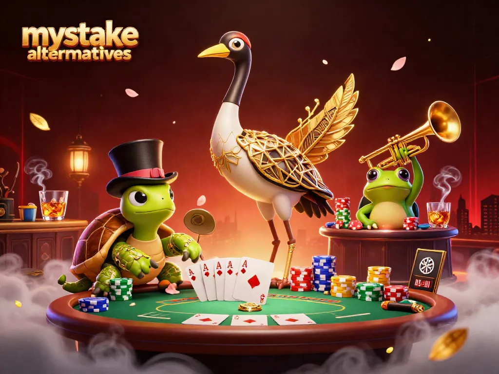 Engage with premier mystake alternatives and vibrant casino-themed illustration featuring poker elements.