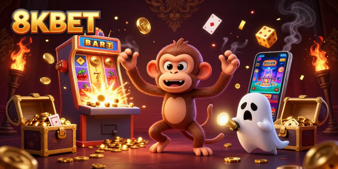Experience thrilling gameplay with 8KBET in a haunted casino scene featuring playful ghosts and golden treasures.