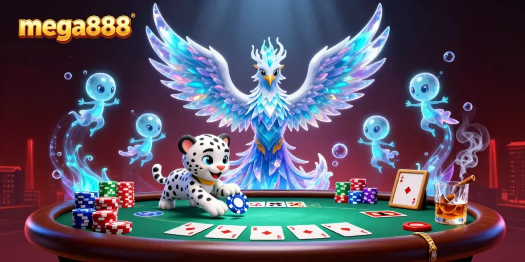 Menghidupkan permainan mega888 dengan phoenix ais 3D dan kad poker yang berkilauan dalam latar belakang yang berwarna-warni.