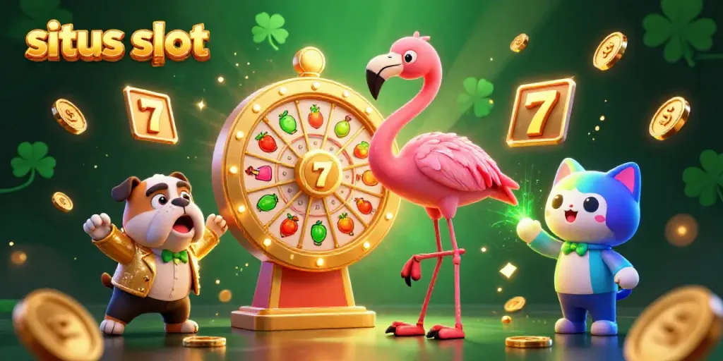 Experience situs slot excitement with a vibrant game show scene featuring a flamingo host and playful bulldog.