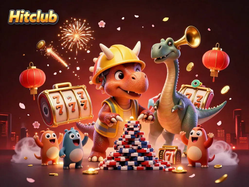 Experience the excitement of Hitclub with a triceratops and a parasaurolophus celebrating amidst casino elements.