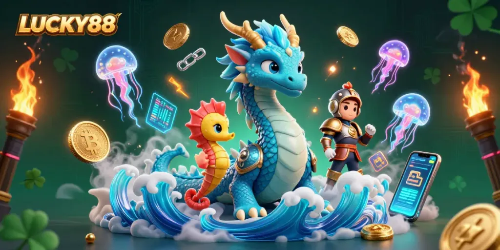 Experience LUCKY88's vibrant world with dynamic elements like coins and jellyfish in this 3D illustration.