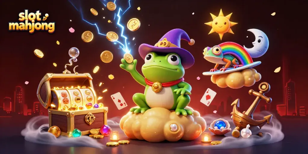 Permainan slot mahjong menampilkan wizard katak dan chameleon berwarna pelangi di tengah hujan koin emas.
