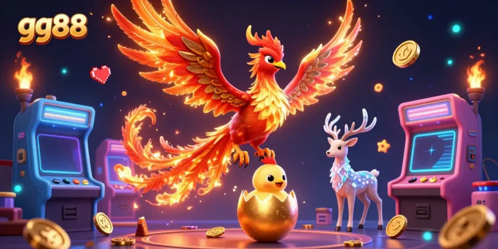 Experience the excitement of gg88 casinos with a vibrant phoenix and mystical stag in a game-packed scene.
