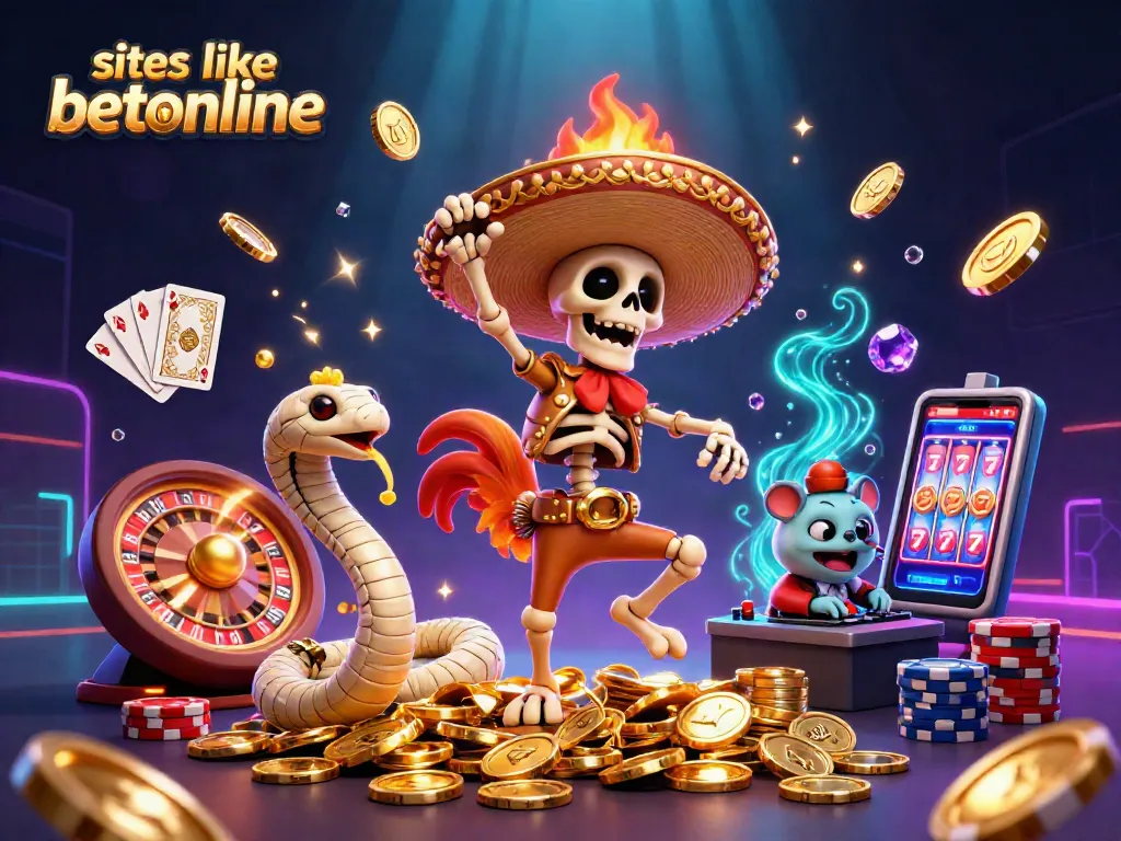 Exciting illustration showcasing sites like betonline with a dancing skeleton rooster and colorful casino elements.