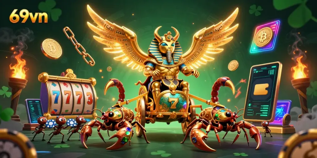 Experience high-stakes gaming at 69vn with a vibrant 3D casino adventure illustration.