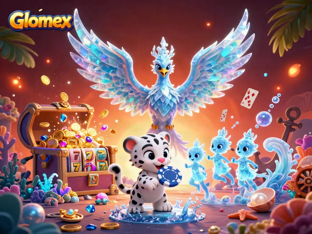 Experience Glomex's thrilling casino adventure with vibrant characters, poker-themed gaming, and captivating slot reels.