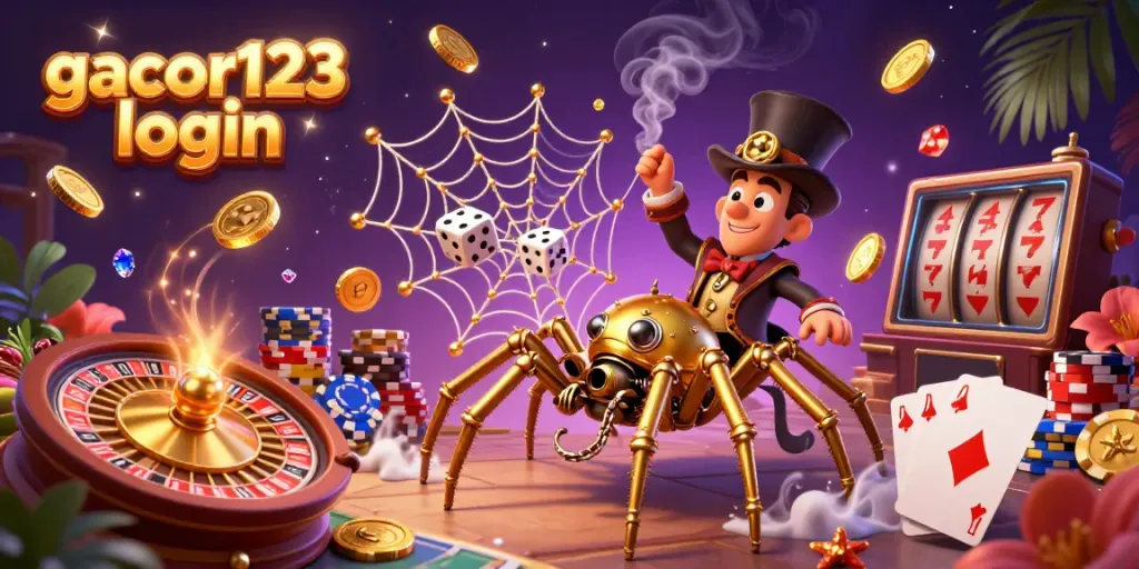 Experience thrills at gacor123 login with captivating 3D casino-themed visuals emphasizing excitement and winning.