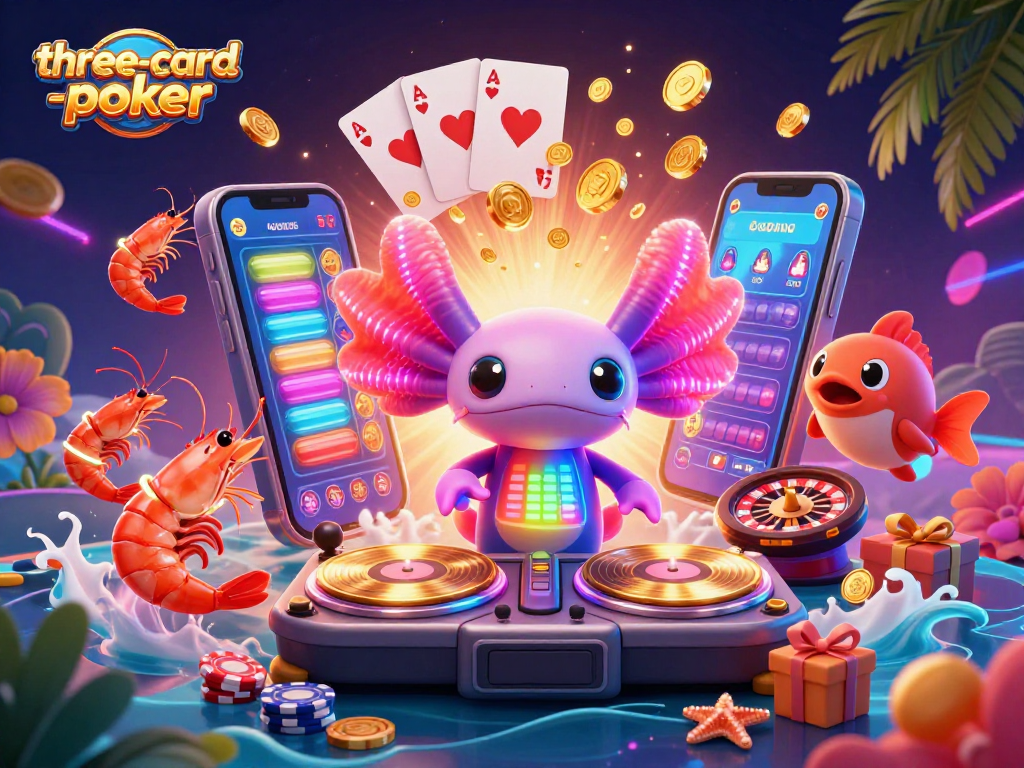 Experience three-card-poker excitement with a neon underwater casino party illustration featuring vibrant characters.