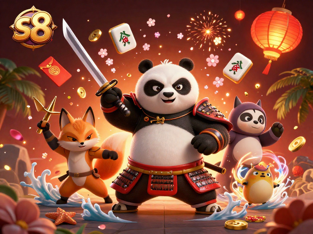 S8 players engage in thrilling gaming with samurai panda and energy-filled fox, showcasing vibrant casino elements.
