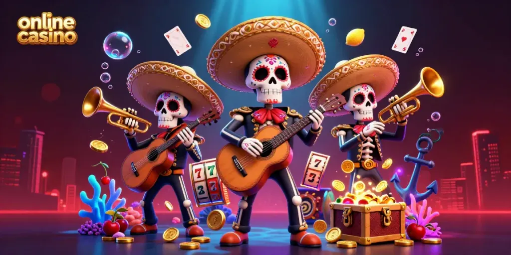 Experience thrilling online casino action with vibrant skeleton mariachi musicians and colorful gaming elements.