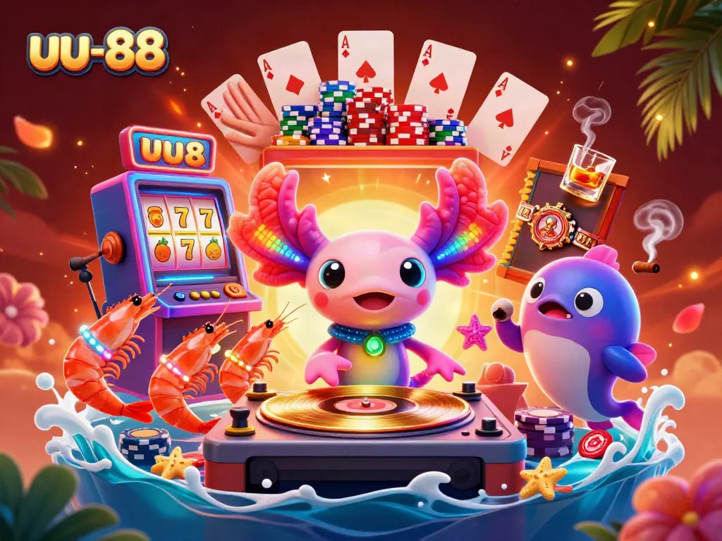 Experience the excitement of uu-88 as a neon axolotl DJ spins records surrounded by vibrant casino elements and dynamic characters.