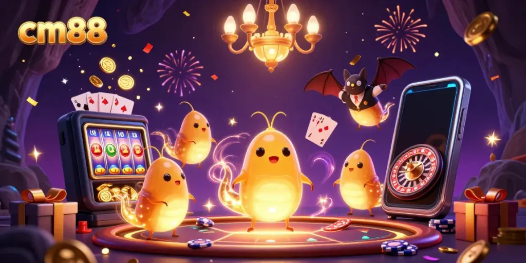 Experience the vibrant casino atmosphere with cm88, glowing glowworms lighting the scene creatively.