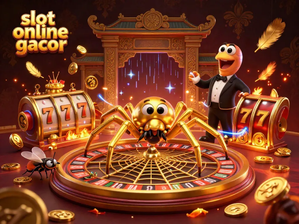 Experience thrilling action with slot online gacor as a golden spider weaves bets in this casino-inspired scene.