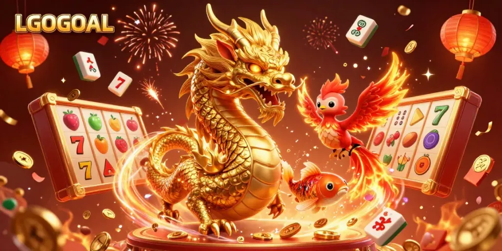 Experience the exciting world of LGOGOAL with vibrant slot reels, golden characters, and festive elements.