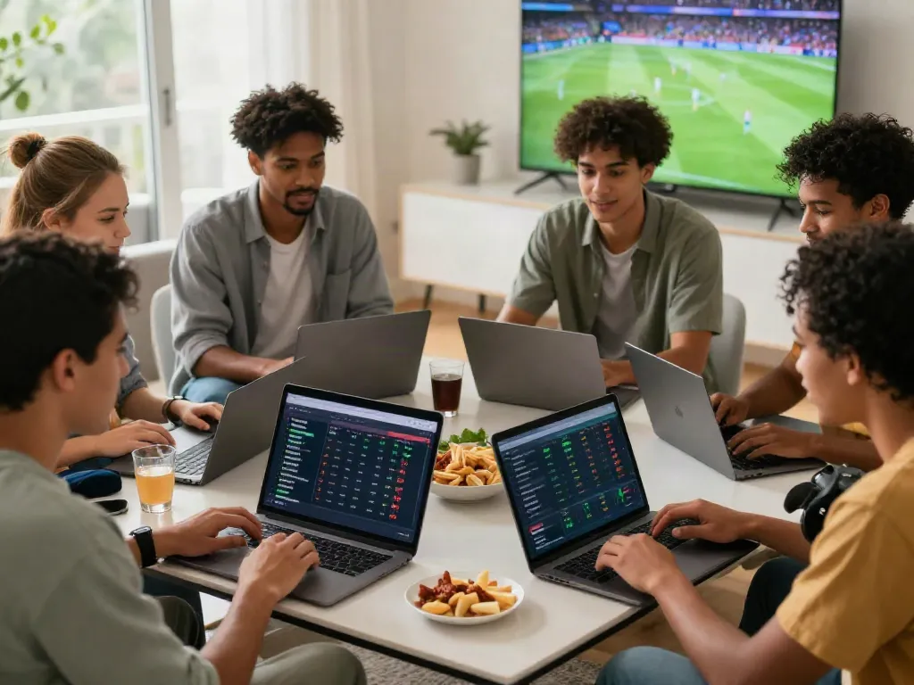 Friends engaging with WWBOLA platform for high-stakes soccer betting in a lively living room.