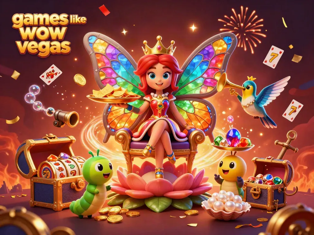 Experience thrilling games like WOW Vegas with golden chips and vibrant slot reels in this festive casino scene.