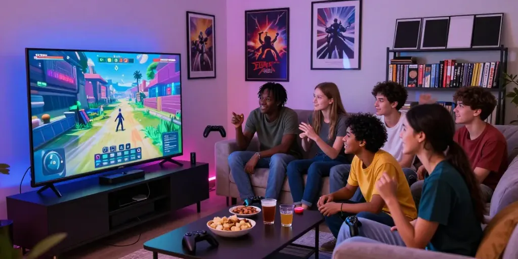 Friends gaming together in a cozy living room, showcasing akunjp atmosphere and vibrant decor.
