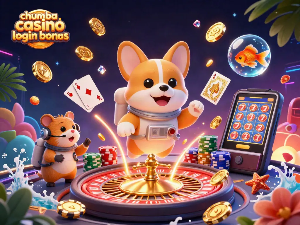 Experience the chumba casino login bonus with a playful 3D space casino scene showing exciting characters and casino elements.